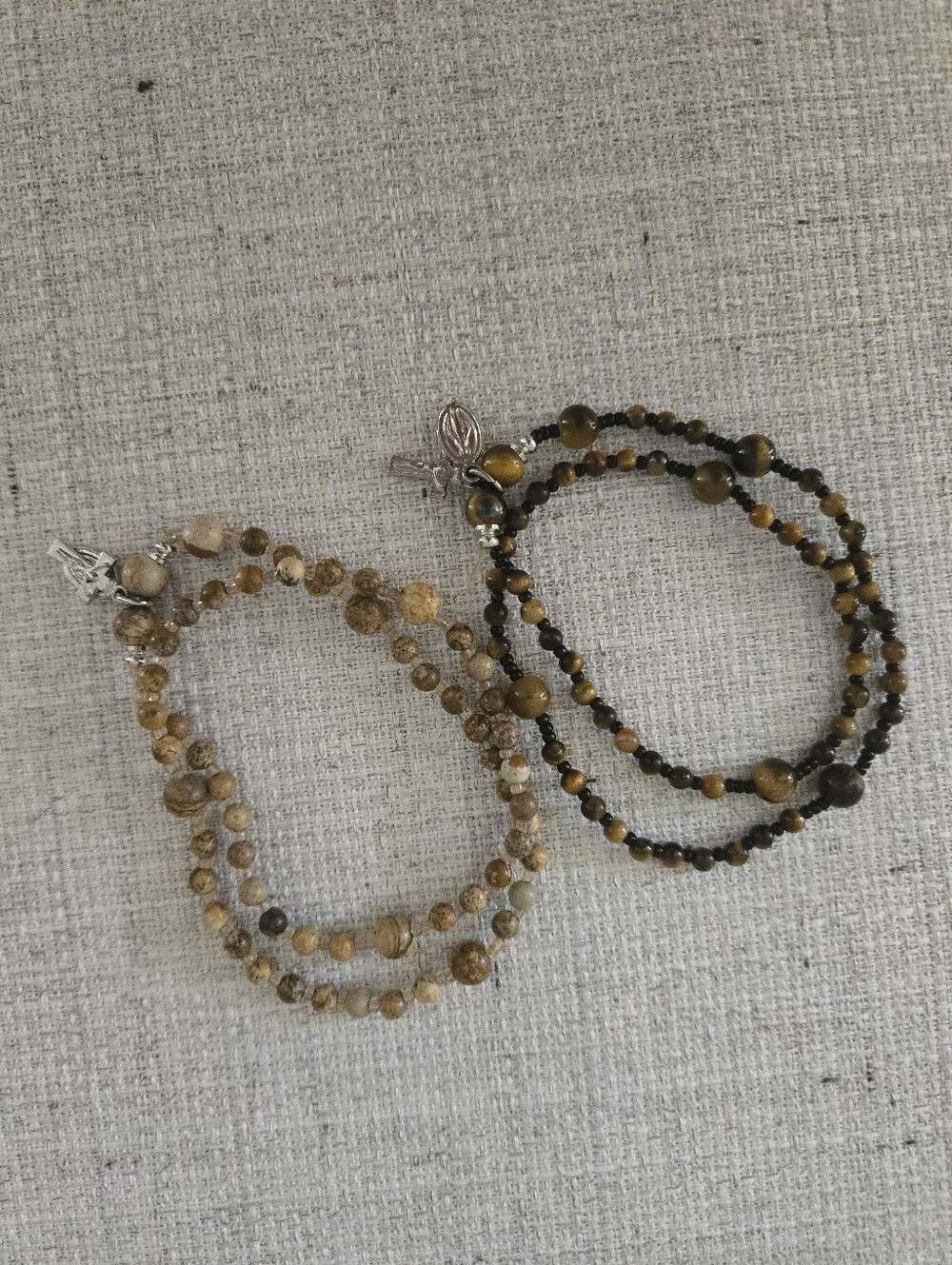 Beaded  Wrap Rosary Bracelet Set Of 2 - Tiger Eye & Sandstone Brown